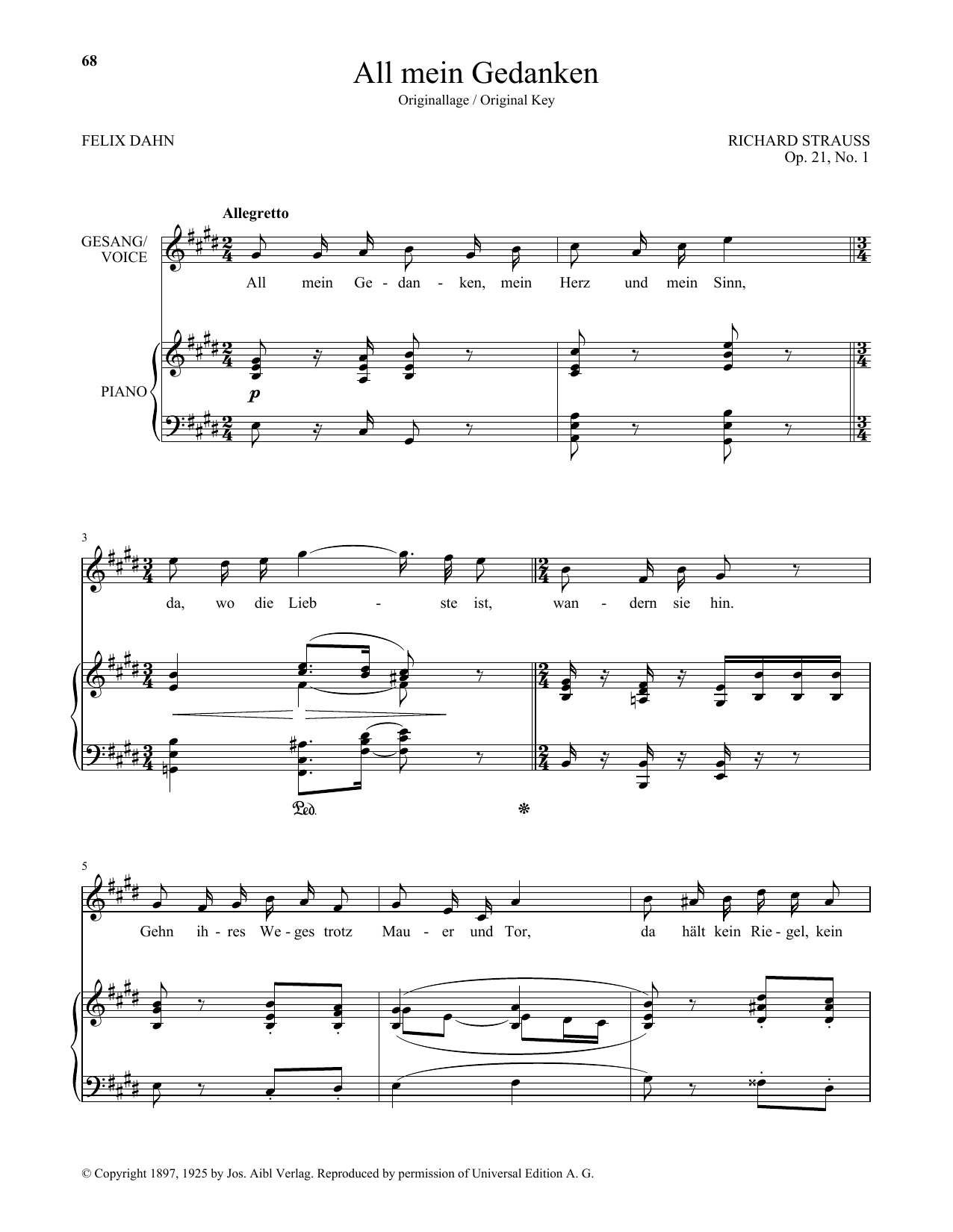 Download Richard Strauss All Mein Gedanken (High Voice) Sheet Music