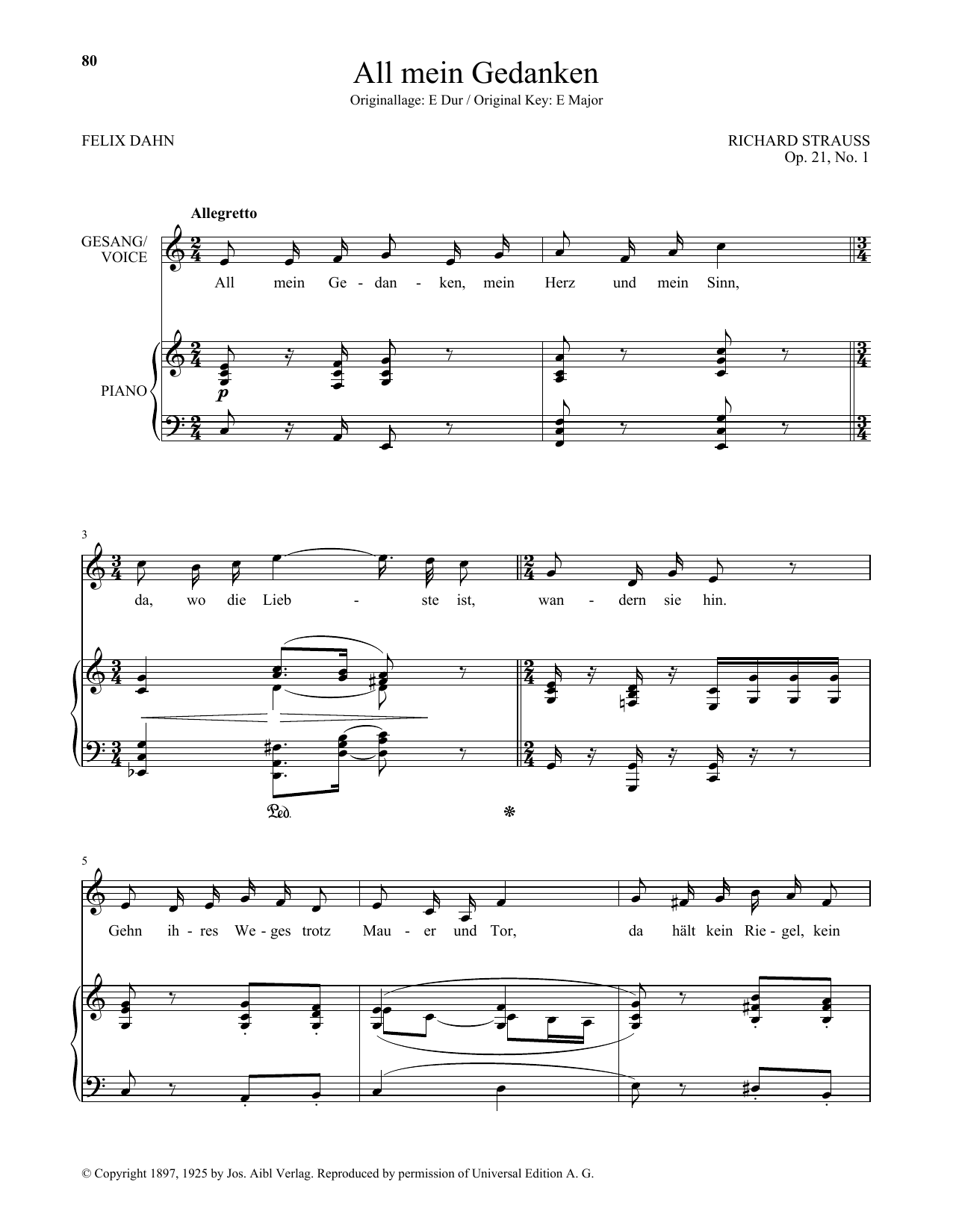 Download Richard Strauss All Mein Gedanken (Low Voice) Sheet Music