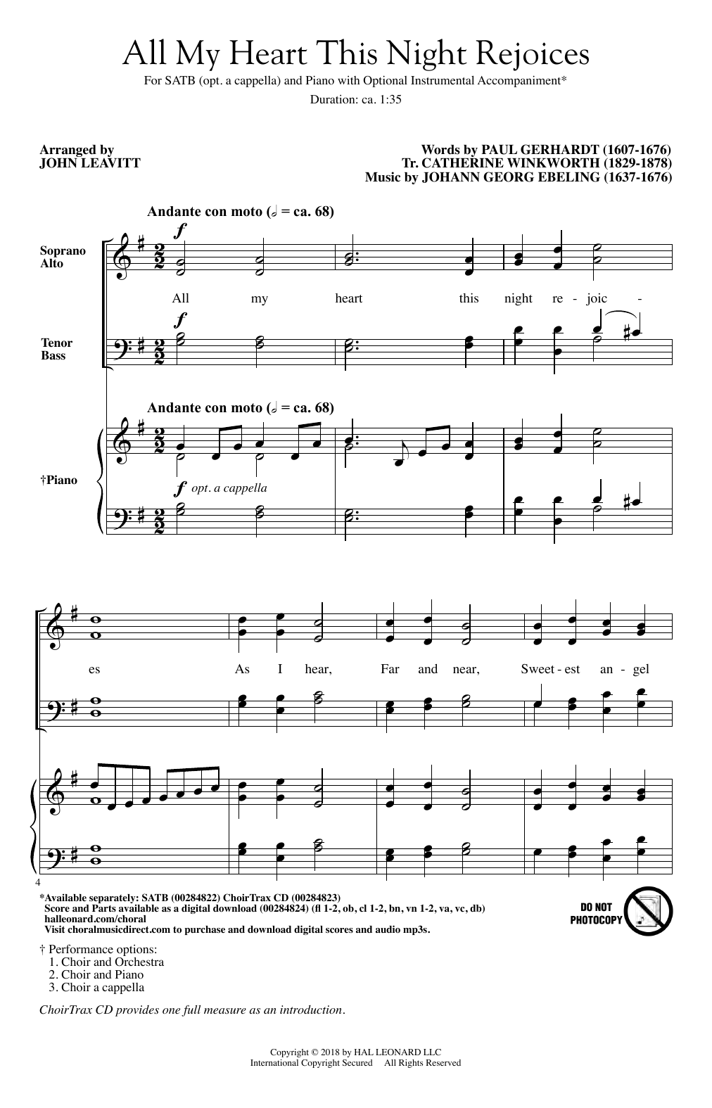 Download Johann Georg Ebeling All My Heart This Night Rejoices (arr. Sheet Music