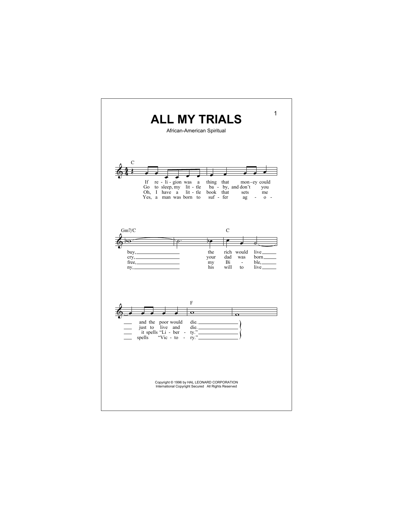 Download African-American Spiritual All My Trials Sheet Music
