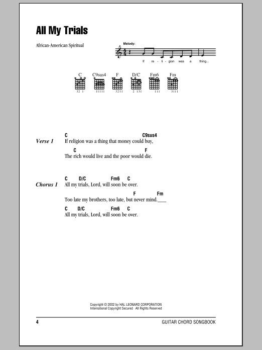 Download African-American Spiritual All My Trials Sheet Music