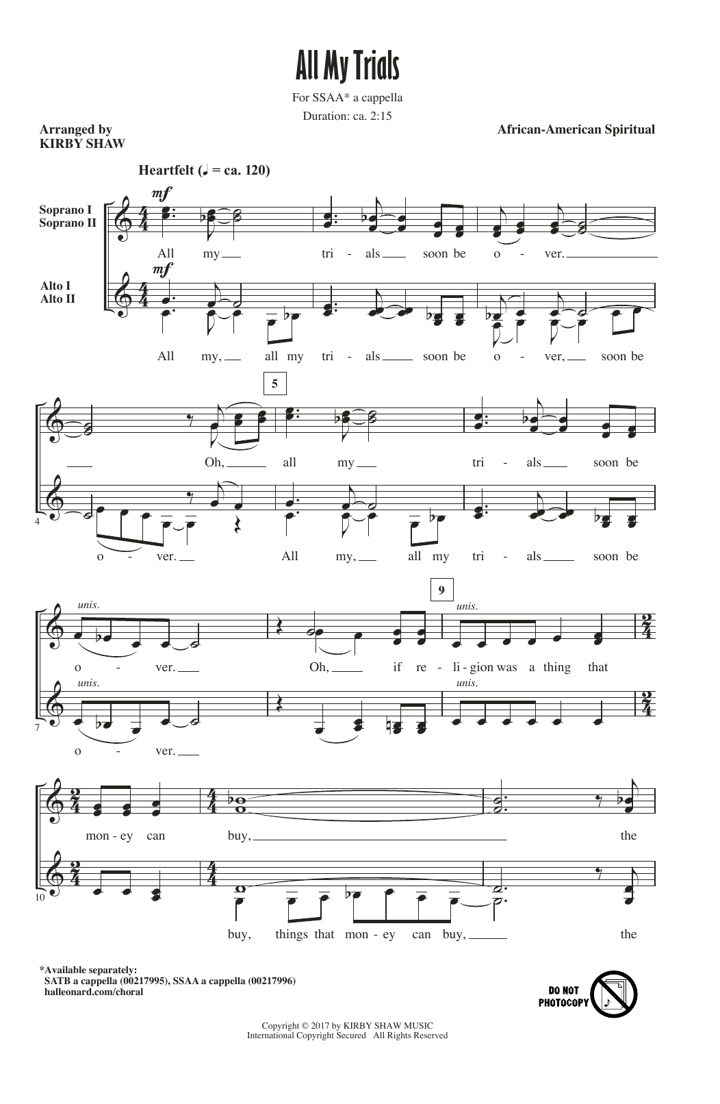 Download Kirby Shaw All My Trials Sheet Music