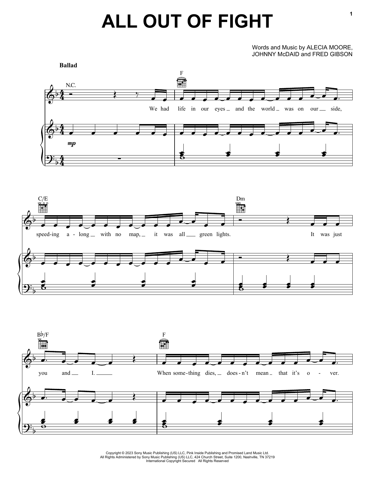 P!nk All Out Of Fight sheet music notes printable PDF score