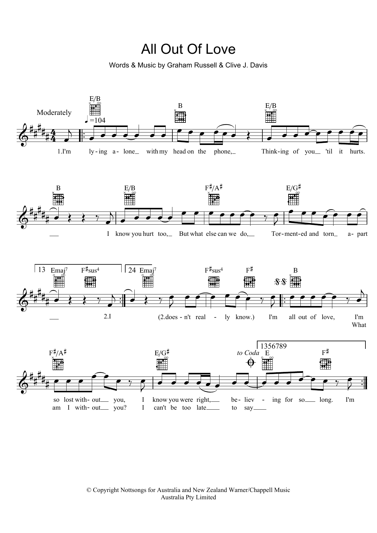 Download Air Supply All Out Of Love Sheet Music