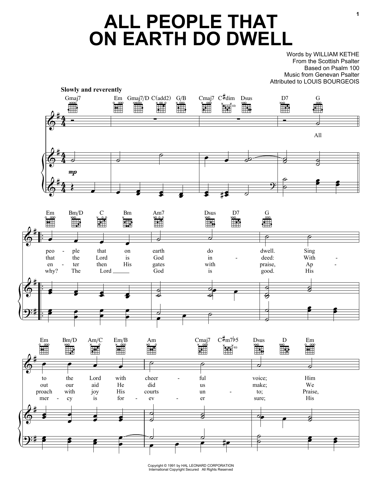 William Kethe All People On Earth Do Dwell sheet music notes printable PDF score