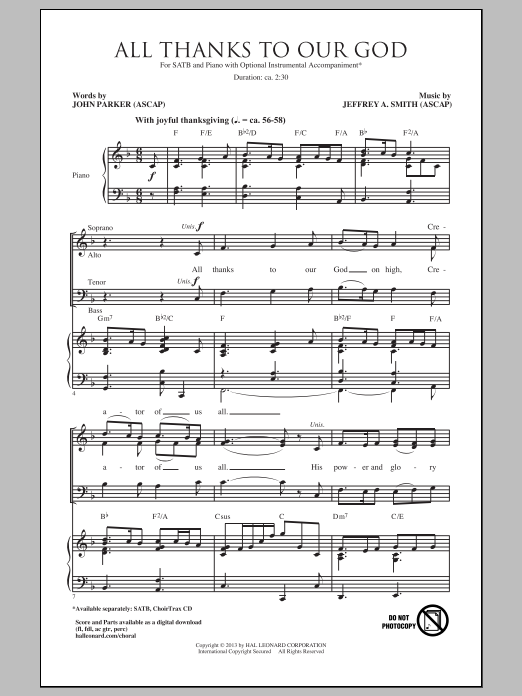 Download Jeffrey A. Smith All Thanks To Our God (arr. John Parker Sheet Music