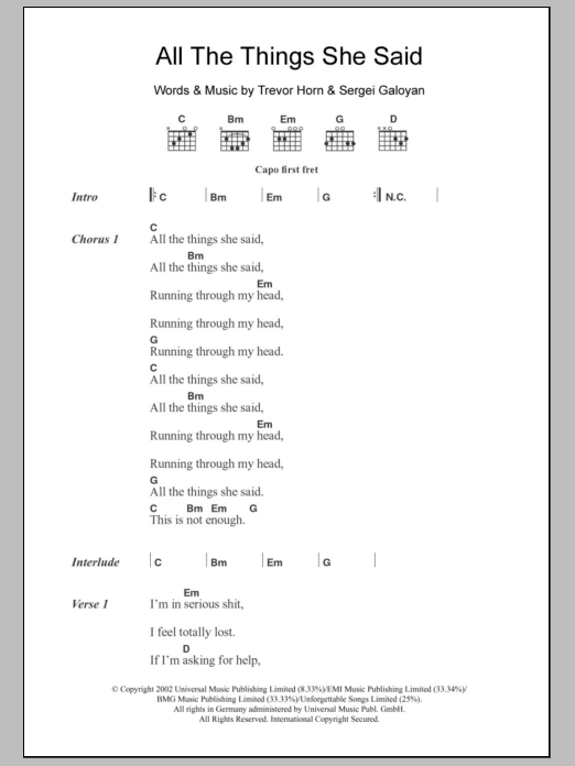 Download t.A.T.u. All The Things She Said Sheet Music