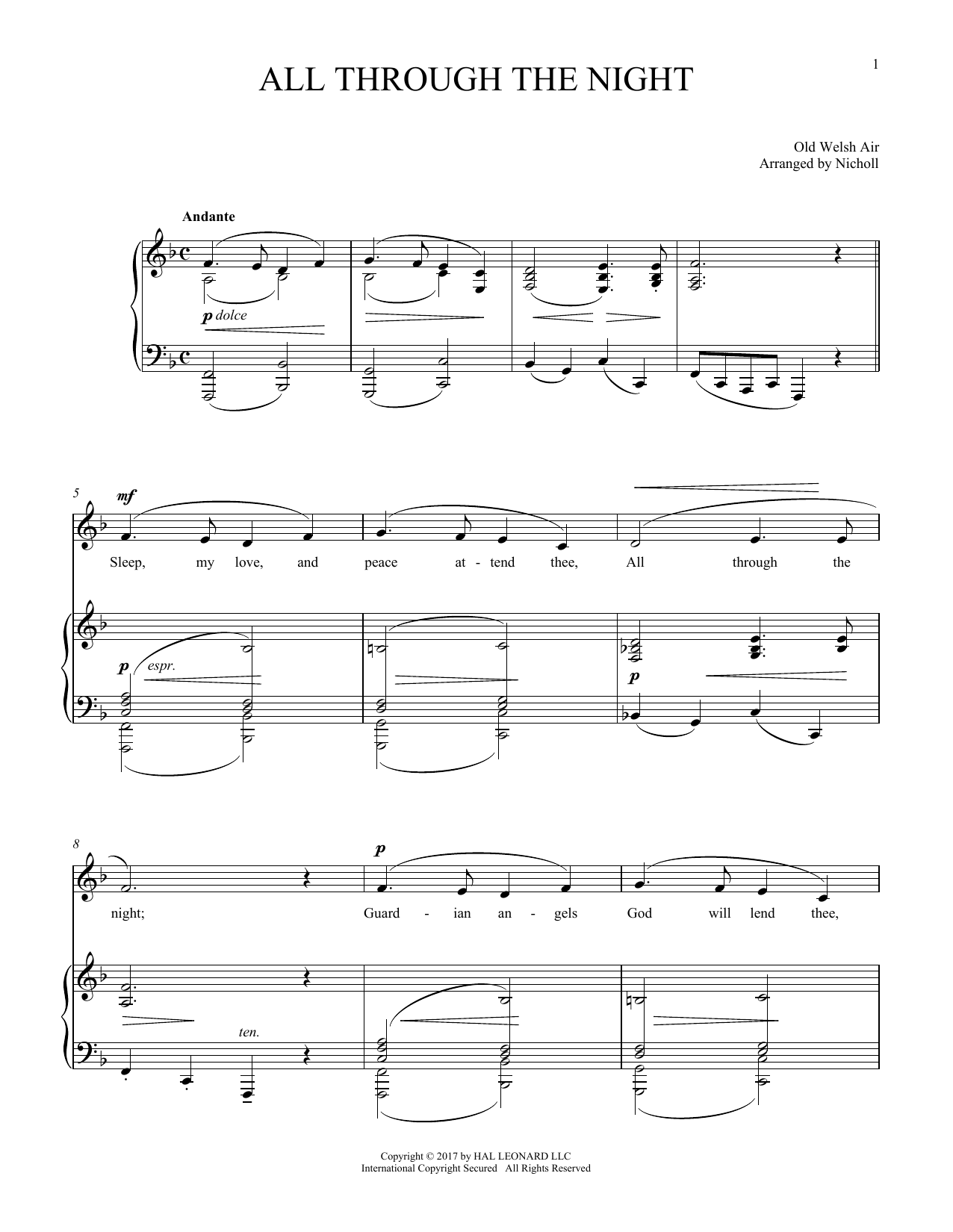 Download Welsh Folksong All Through The Night Sheet Music
