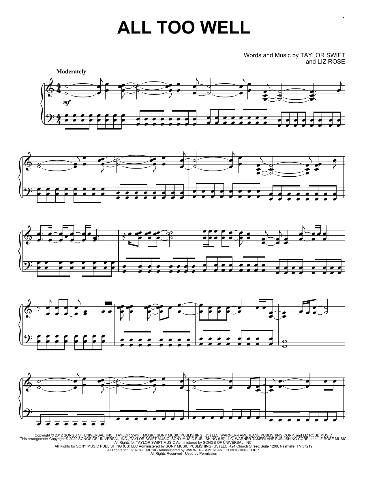 Download Taylor Swift all too well Sheet Music