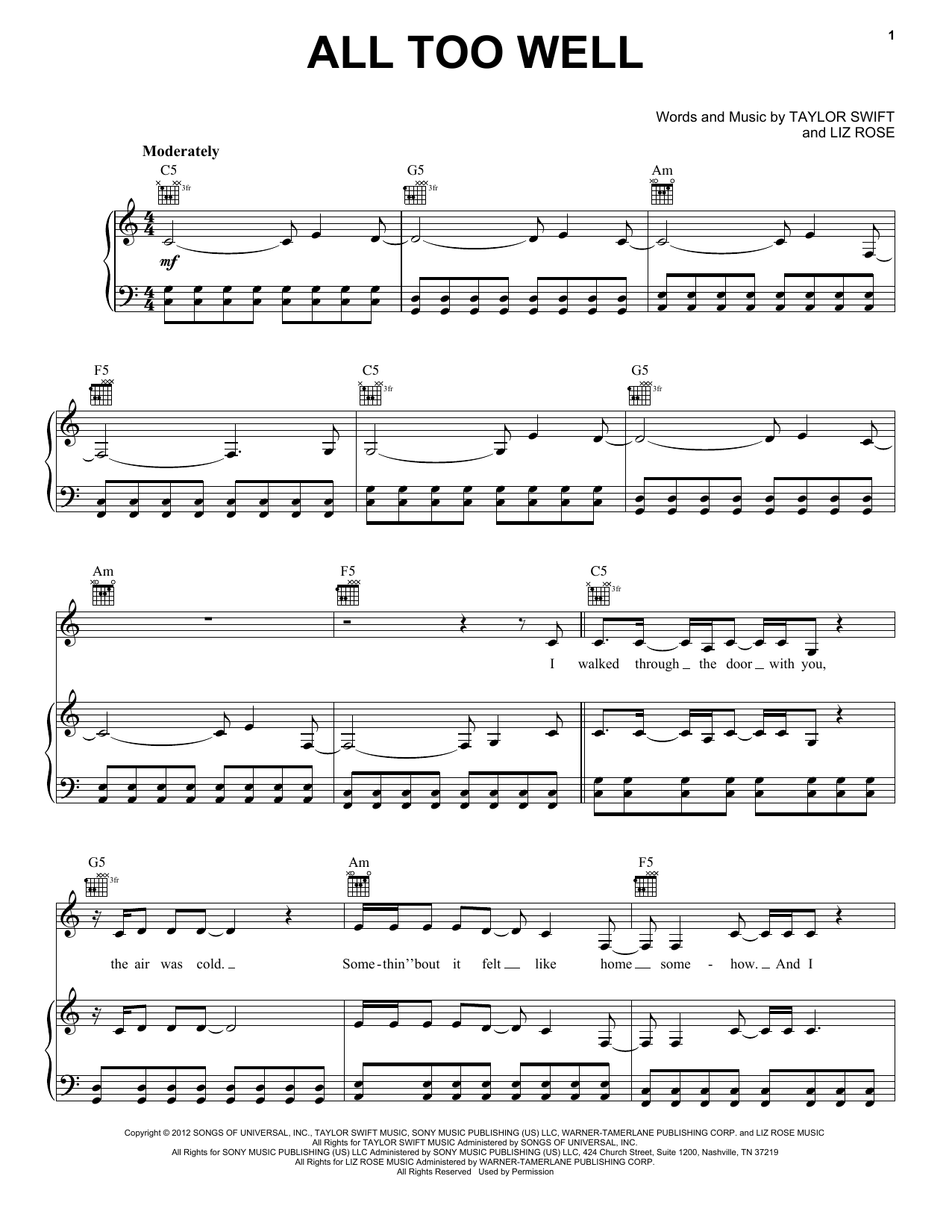 Download Taylor Swift All Too Well Sheet Music