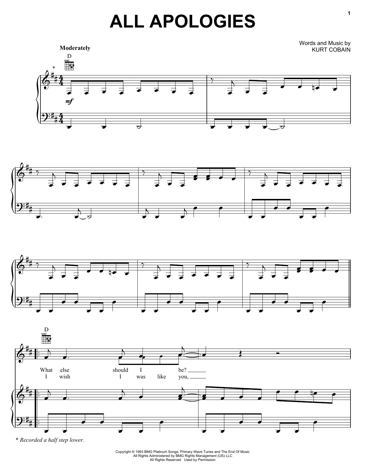 Nirvana All Apologies sheet music notes printable PDF score