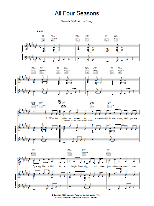 Sting All Four Seasons sheet music notes printable PDF score