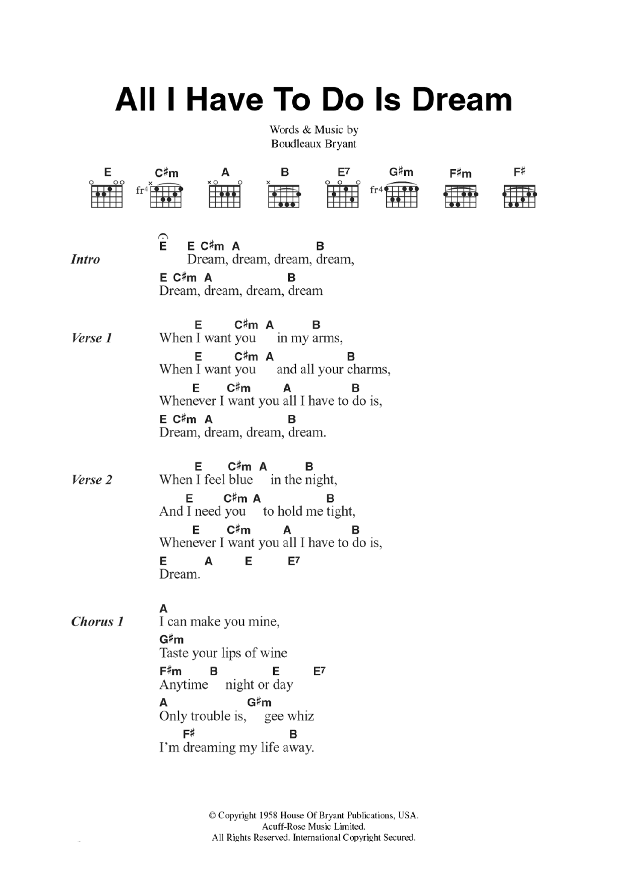 Download The Everly Brothers All I Have To Do Is Dream Sheet Music