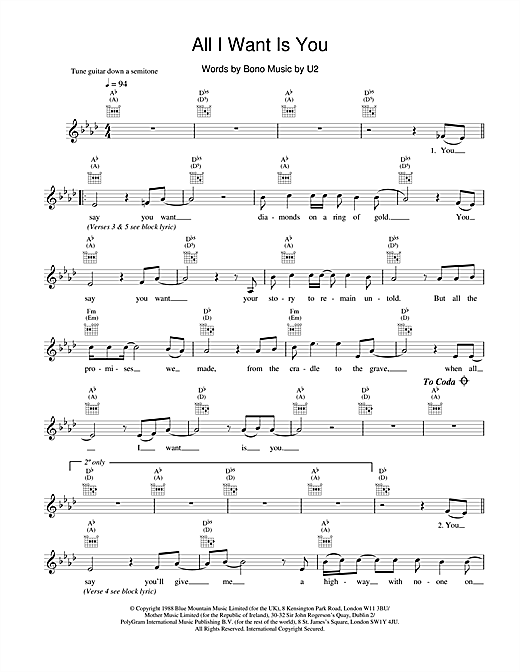 U2 All I Want Is You sheet music notes printable PDF score