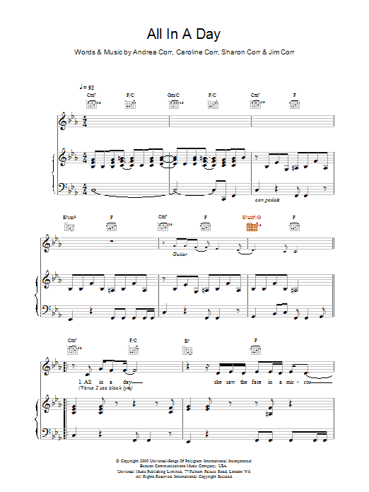 The Corrs All In A Day sheet music notes printable PDF score