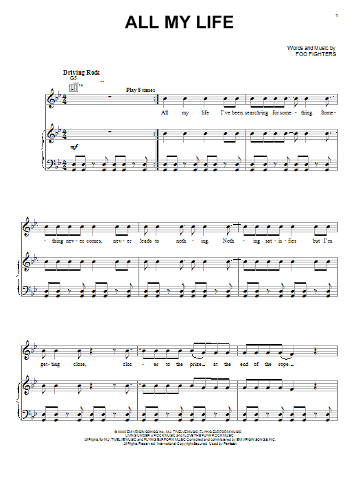 Foo Fighters All My Life sheet music notes printable PDF score