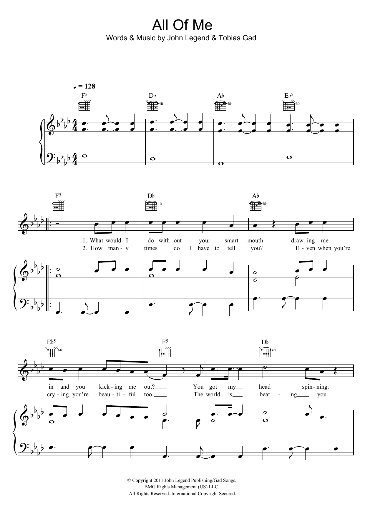John Legend All Of Me sheet music notes printable PDF score