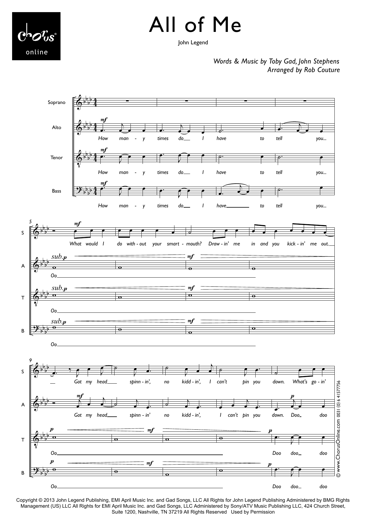 John Legend All Of Me (arr. Robert Couture) sheet music notes printable PDF score