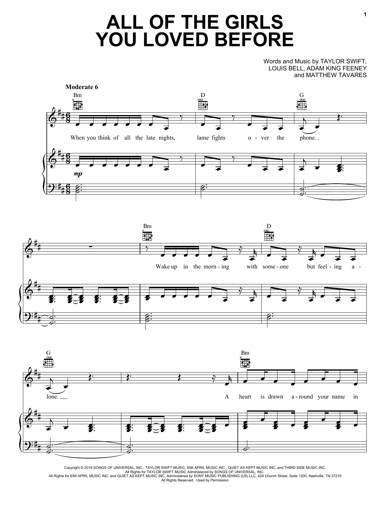 Taylor Swift All Of The Girls You Loved Before sheet music notes printable PDF score