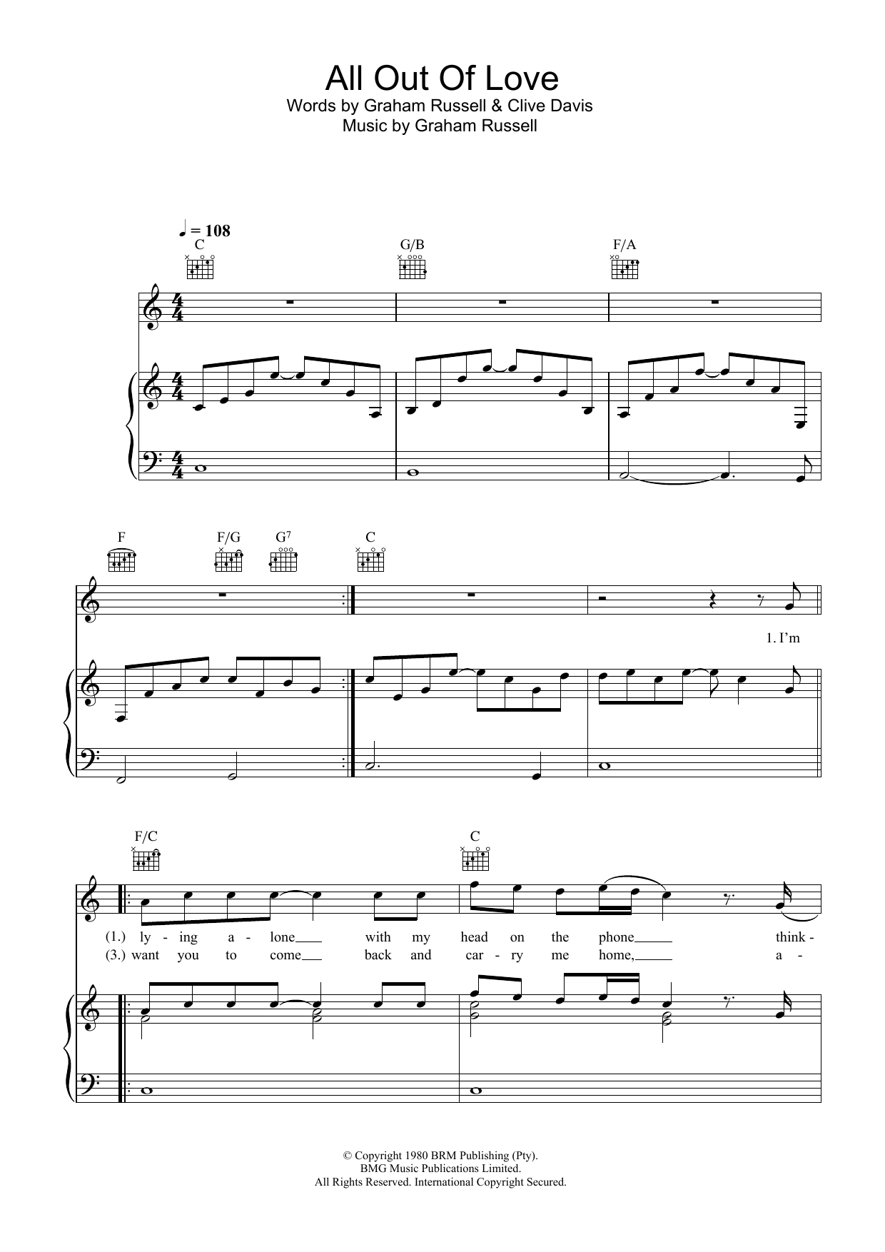 Air Supply All Out Of Love sheet music notes printable PDF score