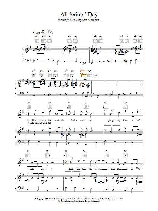 Van Morrison All Saint's Day sheet music notes printable PDF score