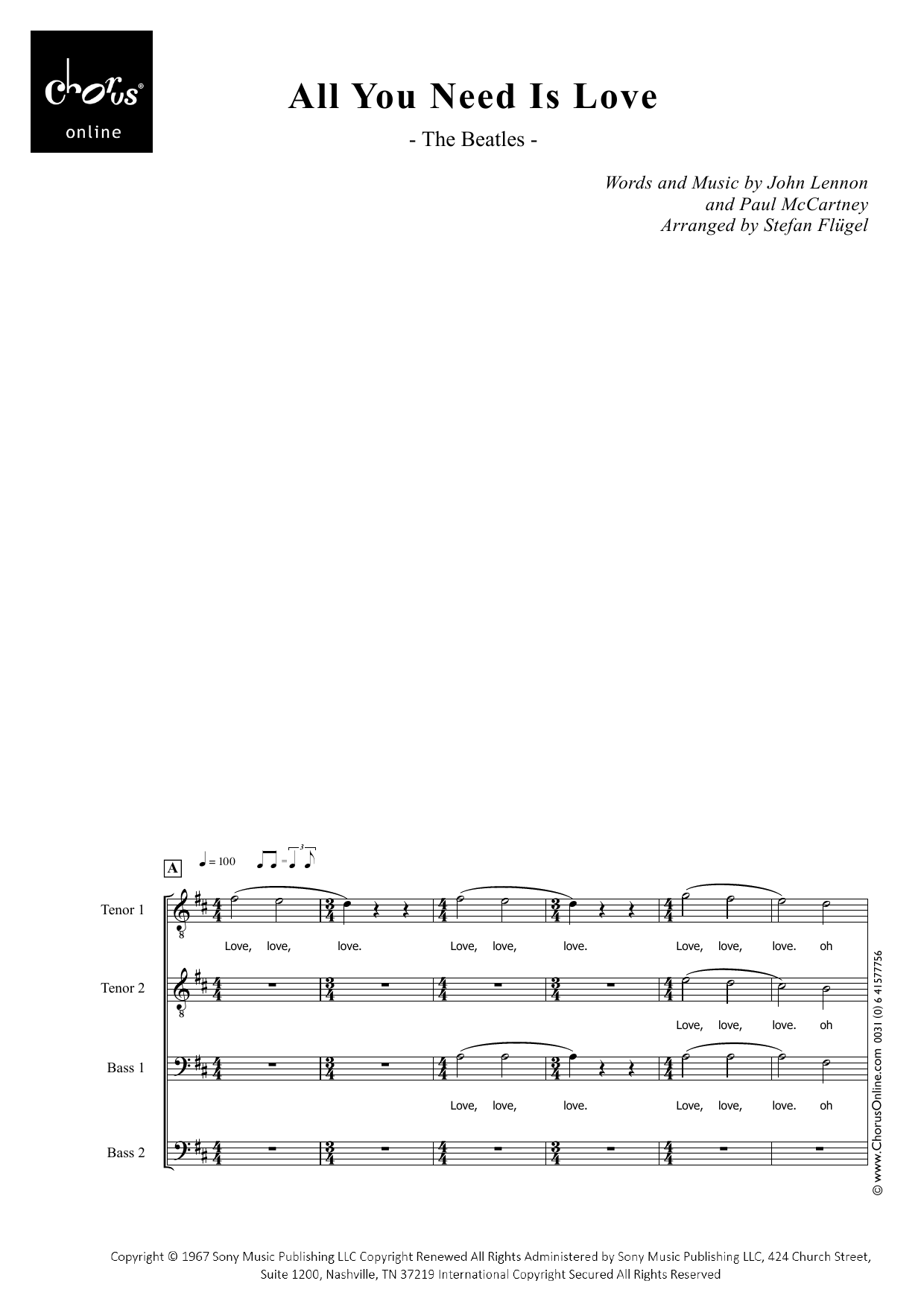 The Beatles All You Need Is Love (arr. Stefan Flügel) sheet music notes printable PDF score