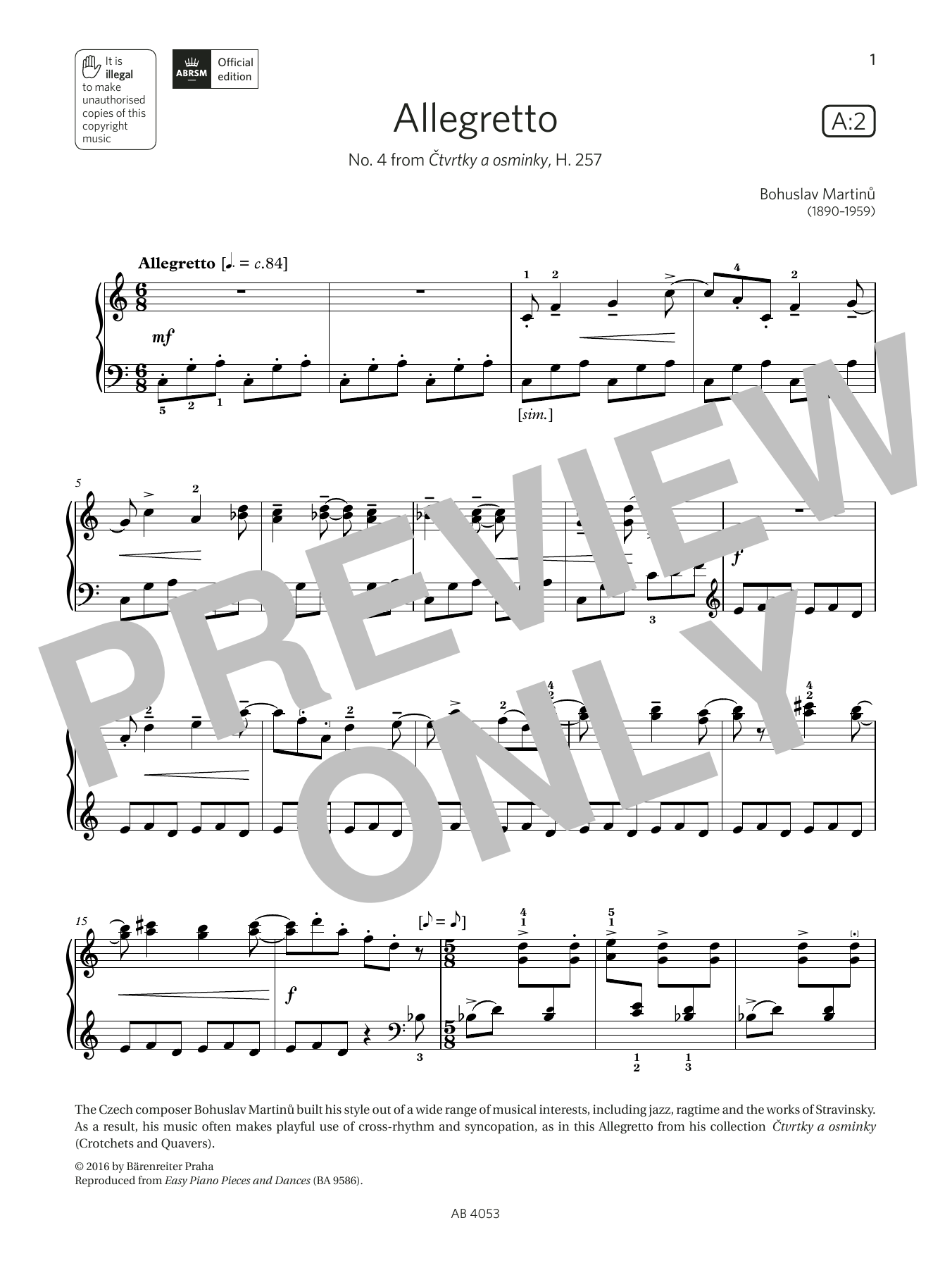 Download Bohuslav Martinu Allegretto (Grade 7, list A2, from the Sheet Music
