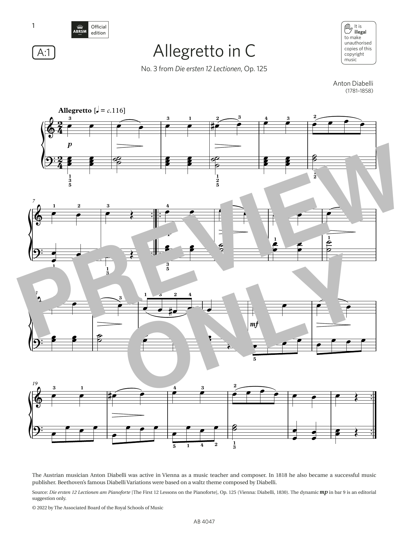 Download Anton Diabelli Allegretto in C (Grade 1, list A1, from Sheet Music