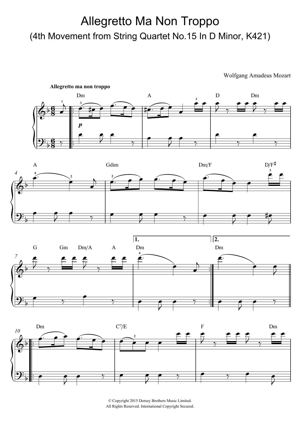 Download Wolfgang Amadeus Mozart Allegretto Ma Non Troppo (4th Movement Sheet Music