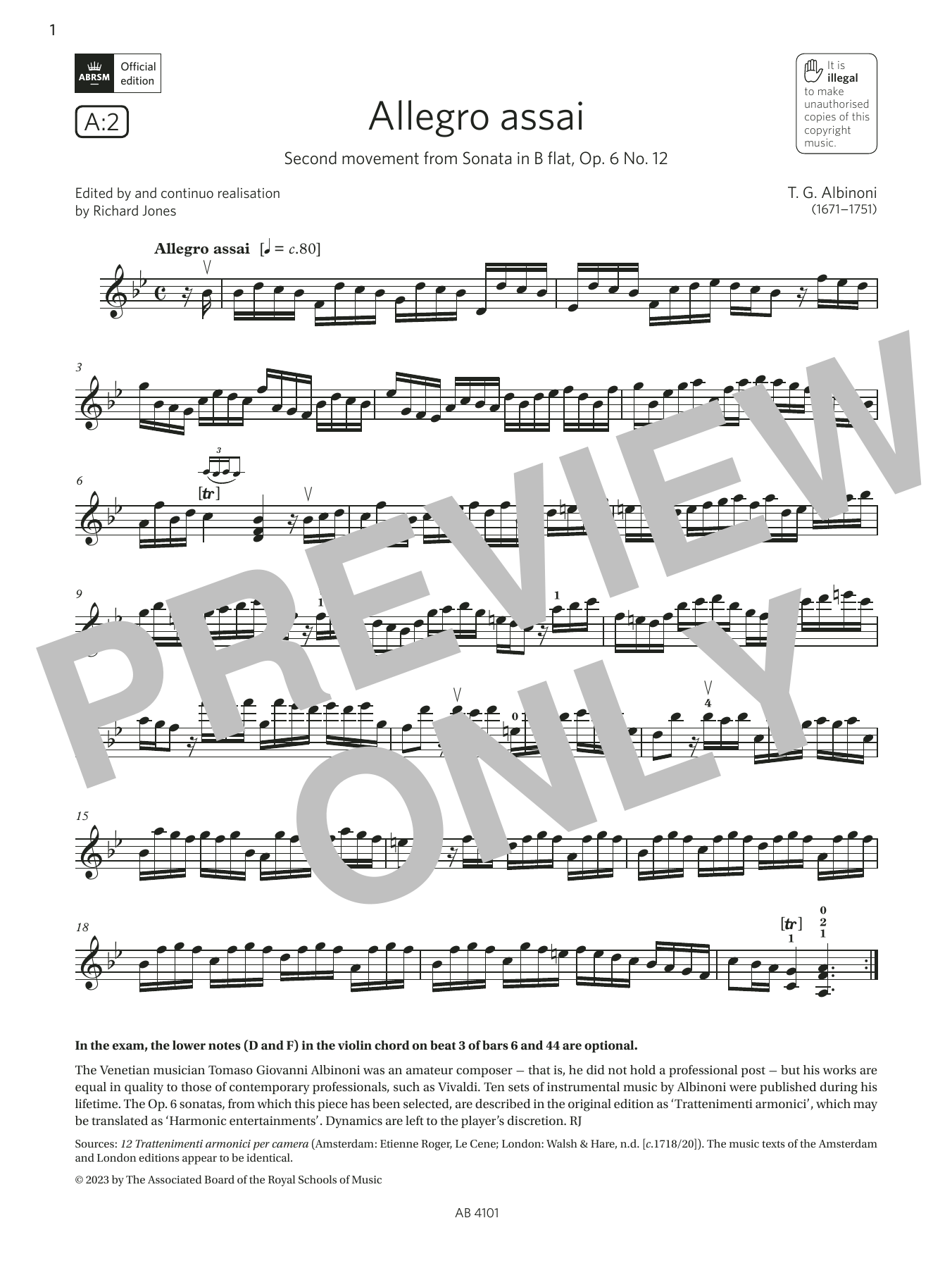 Download T. G. Albinoni Allegro assai (Grade 7, A2, from the AB Sheet Music