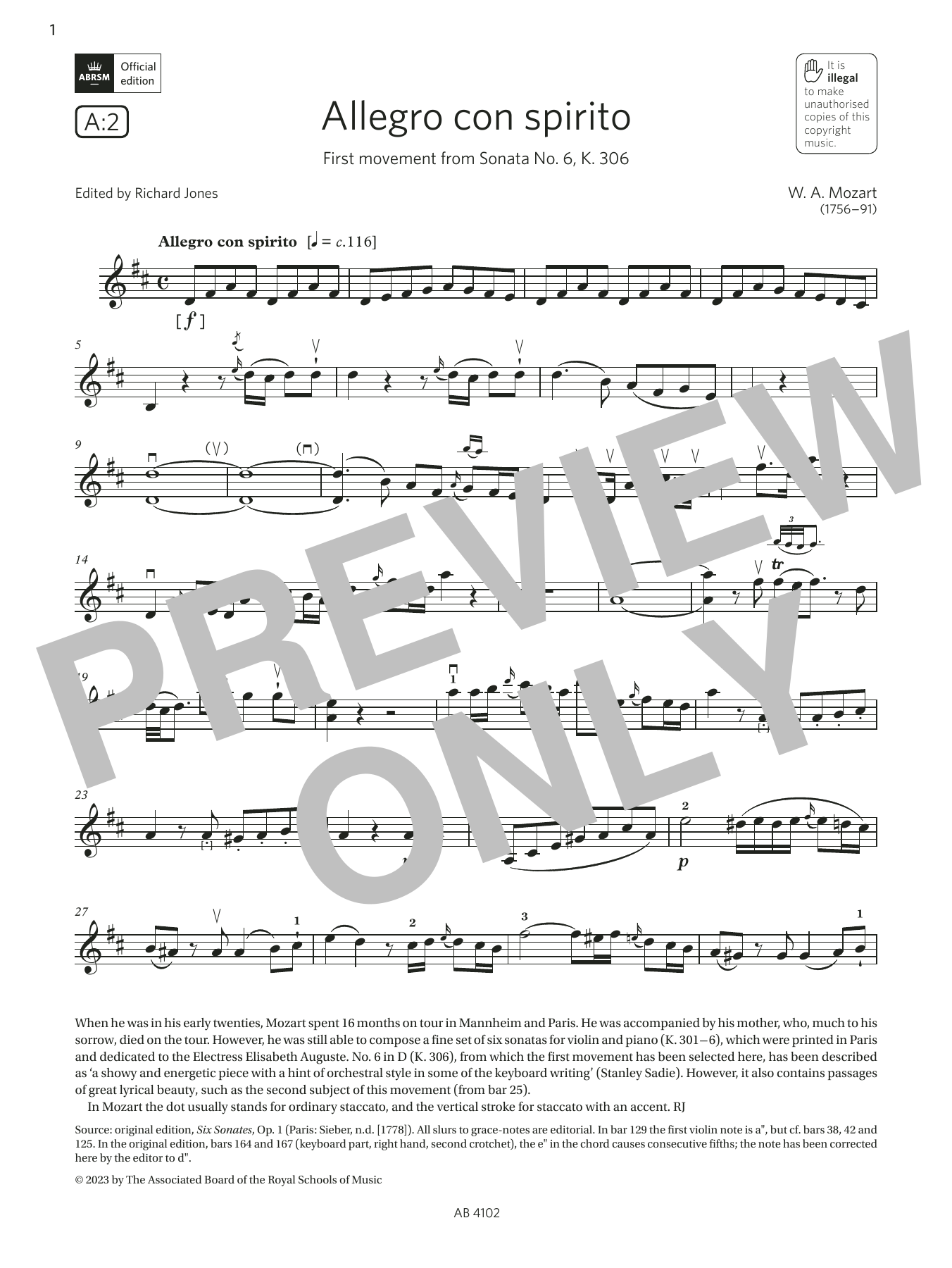 Download W. A. Mozart Allegro con spirito (Grade 8, A2, from Sheet Music