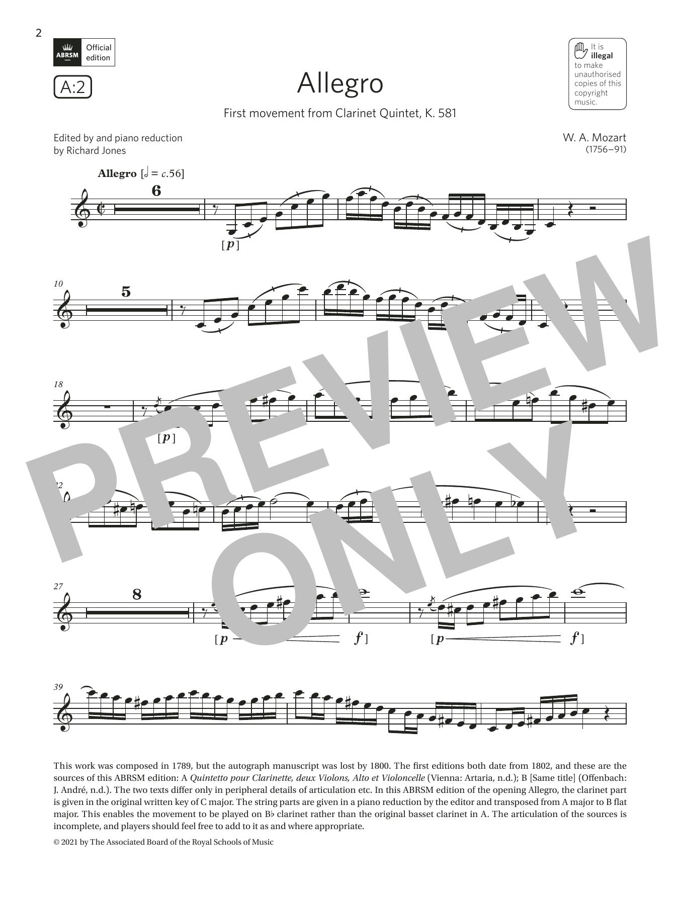 Download Wolfgang Amadeus Mozart Allegro (from Clarinet Quintet, K.581) Sheet Music