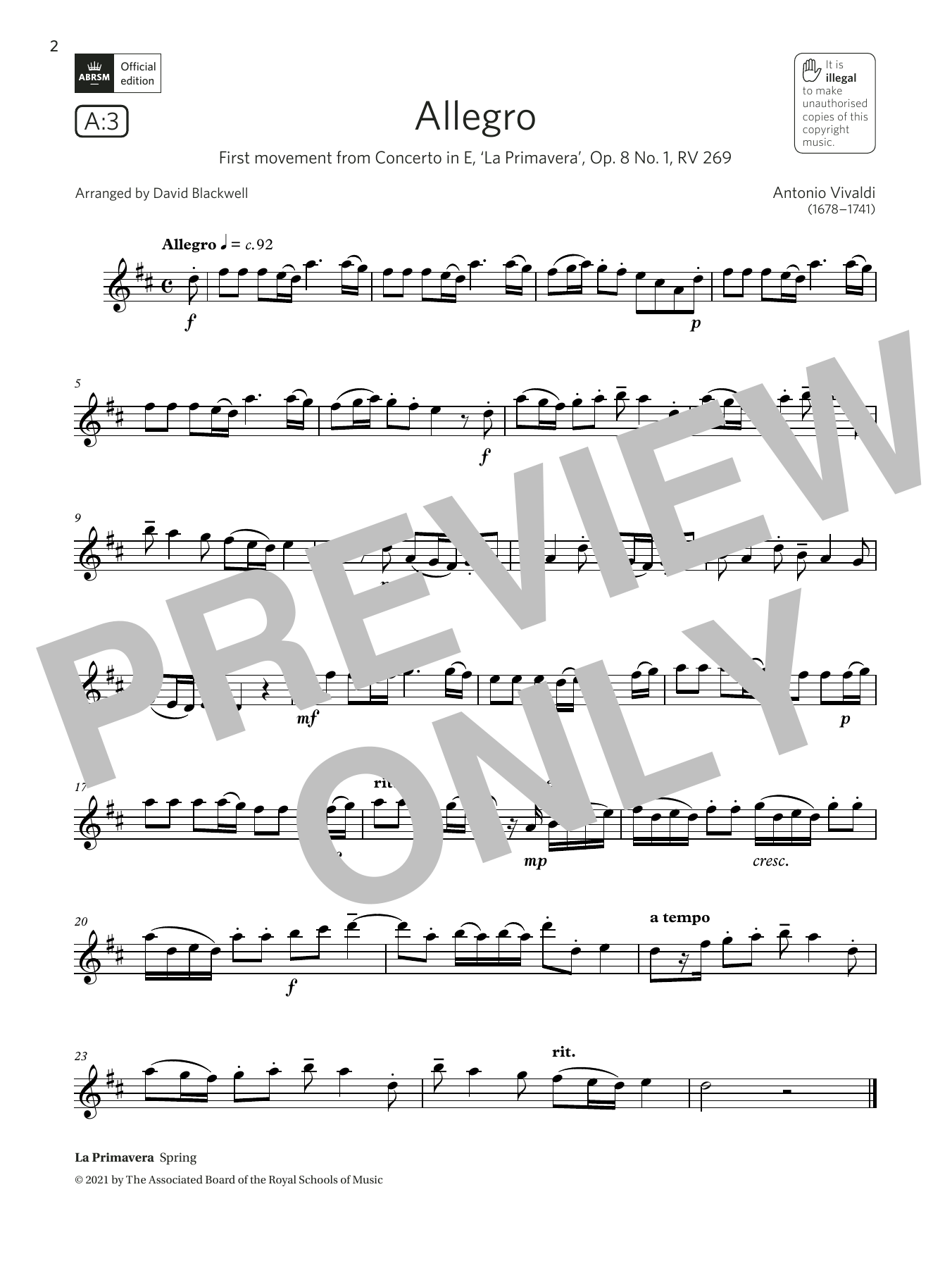 Download Antonio Vivaldi Allegro (from Concerto in E, Op.8 No.1) Sheet Music