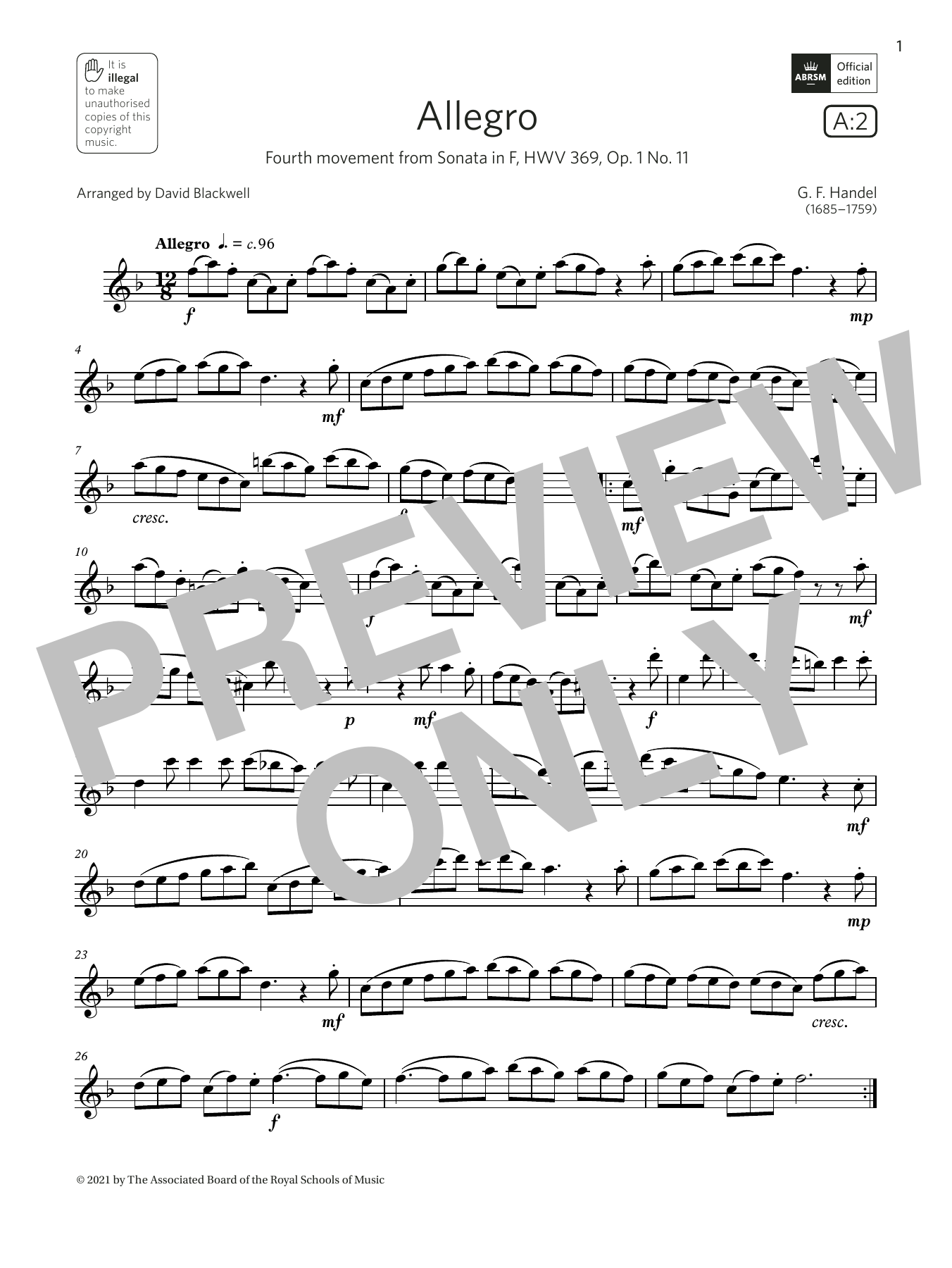 Download George Frideric Handel Allegro (from Sonata in F, Op.1 No.11) Sheet Music