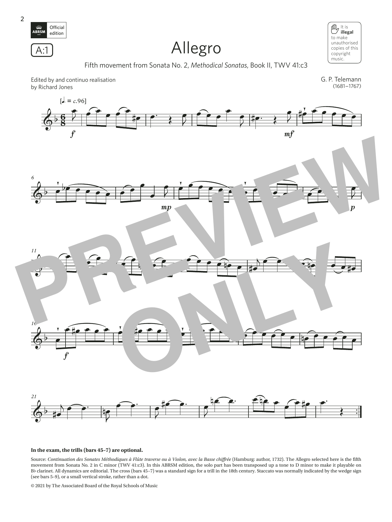 Download Georg Philipp Telemann Allegro (from Sonata No. 2) (Grade 4 Li Sheet Music