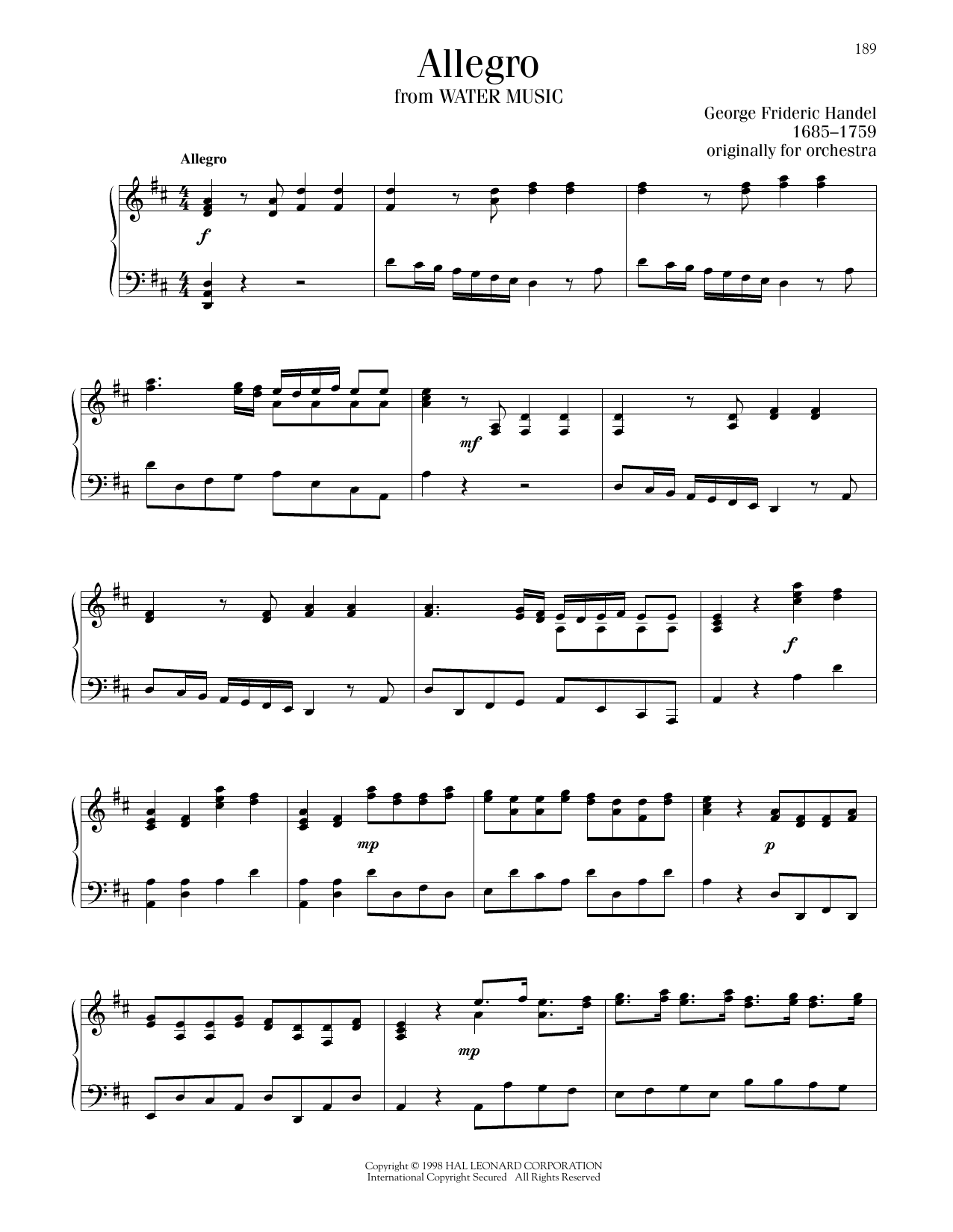 George Frideric Handel Allegro sheet music notes printable PDF score