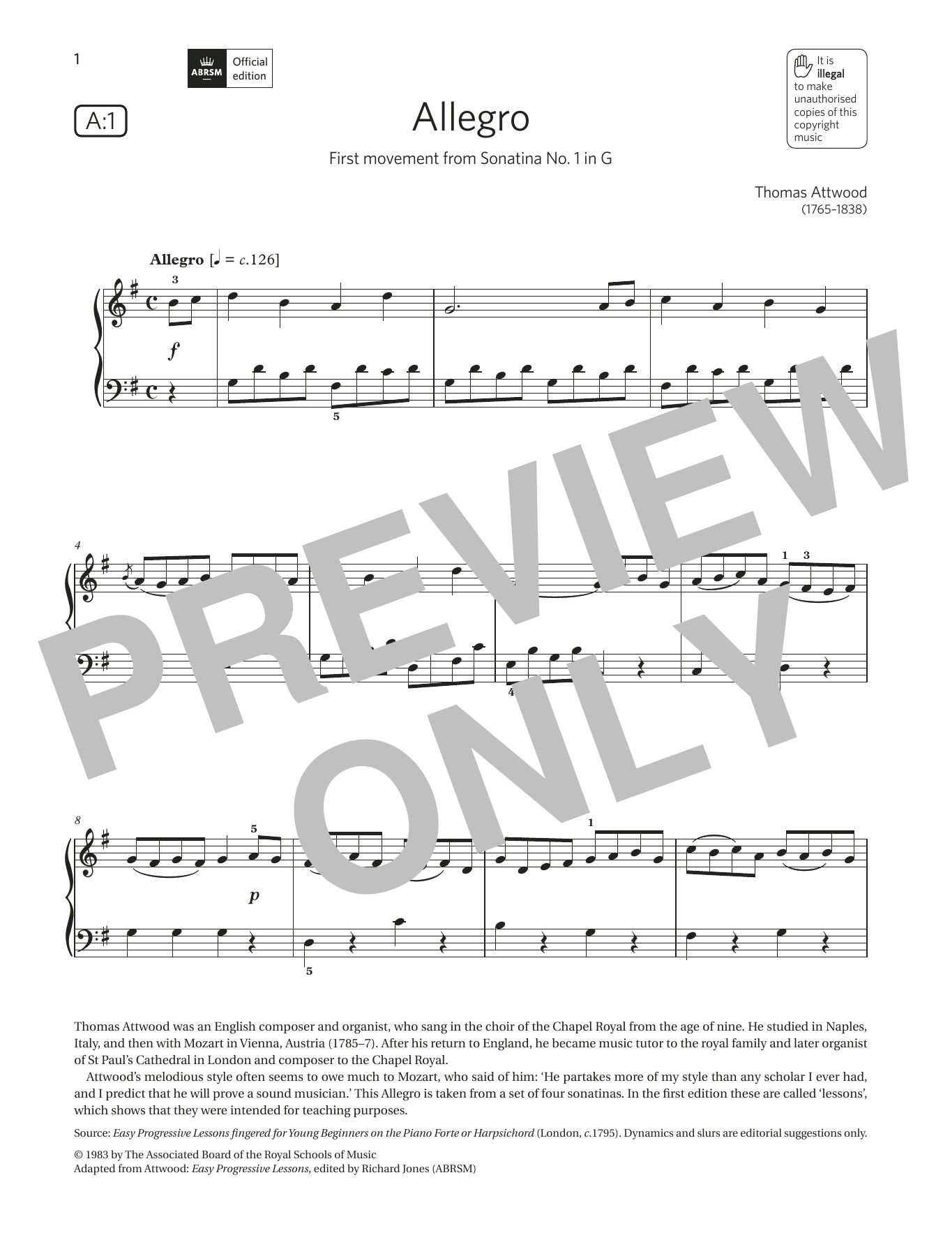 Download Thomas Attwood Allegro (Grade 2, list A1, from the ABR Sheet Music