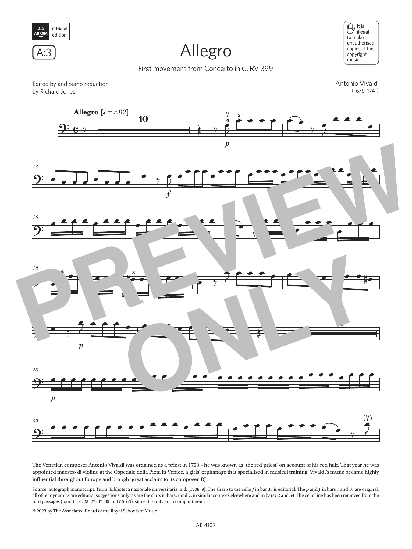 Download Antonio Vivaldi Allegro (Grade 4, A3, from the ABRSM Ce Sheet Music