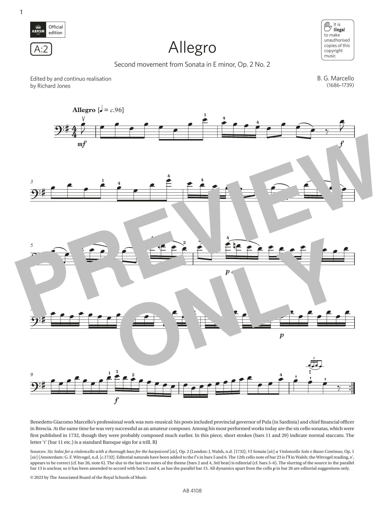 Download B. G. Marcello Allegro (Grade 5, A2, from the ABRSM Ce Sheet Music
