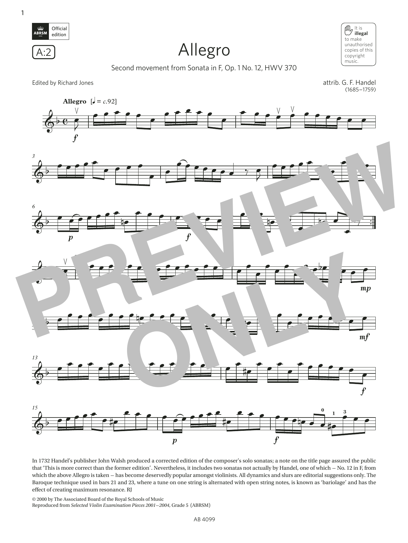 Download G. F. Handel Allegro (Grade 5, A2, from the ABRSM Vi Sheet Music