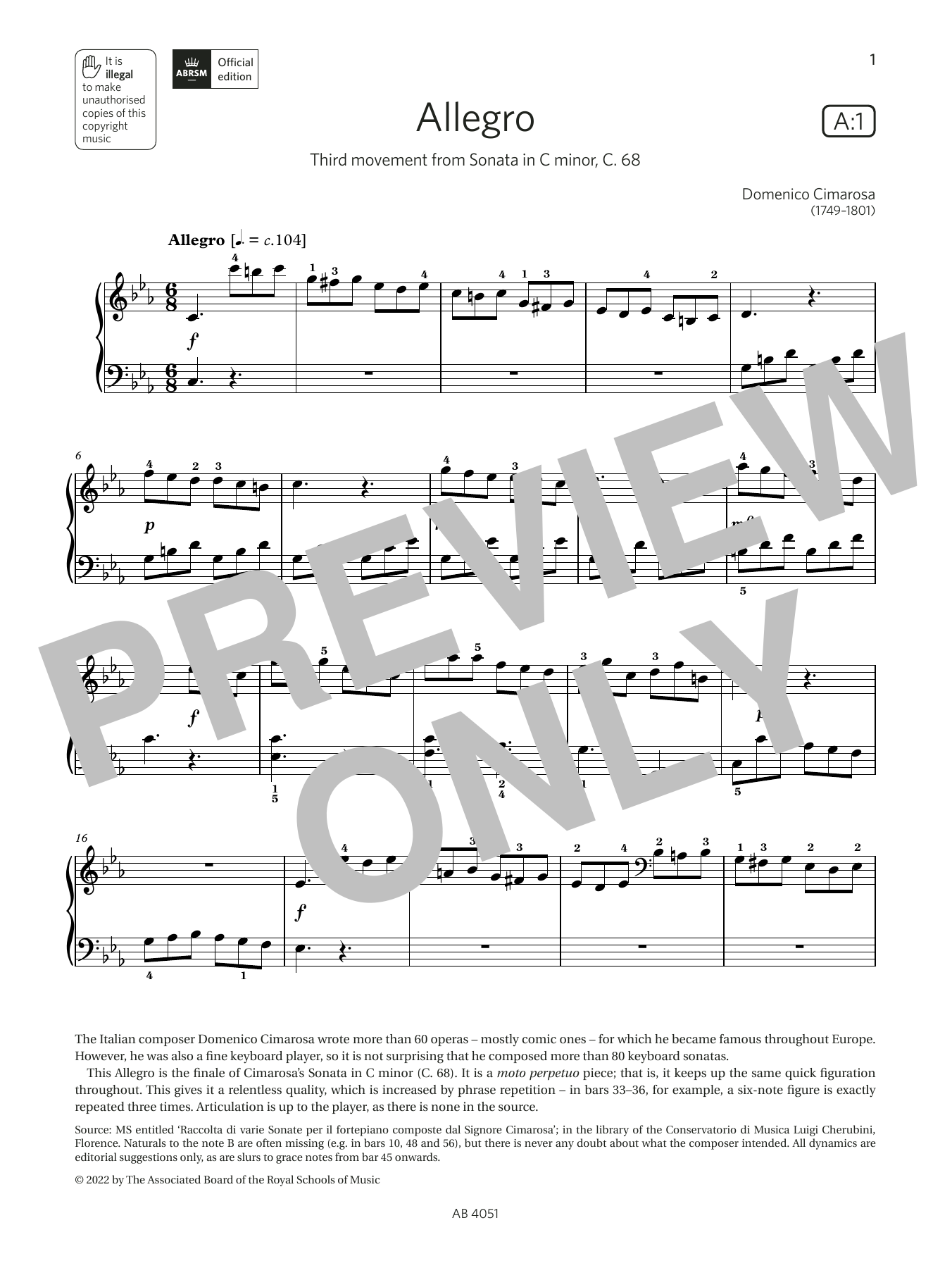 Download Domenico Cimarosa Allegro (Grade 5, list A1, from the ABR Sheet Music
