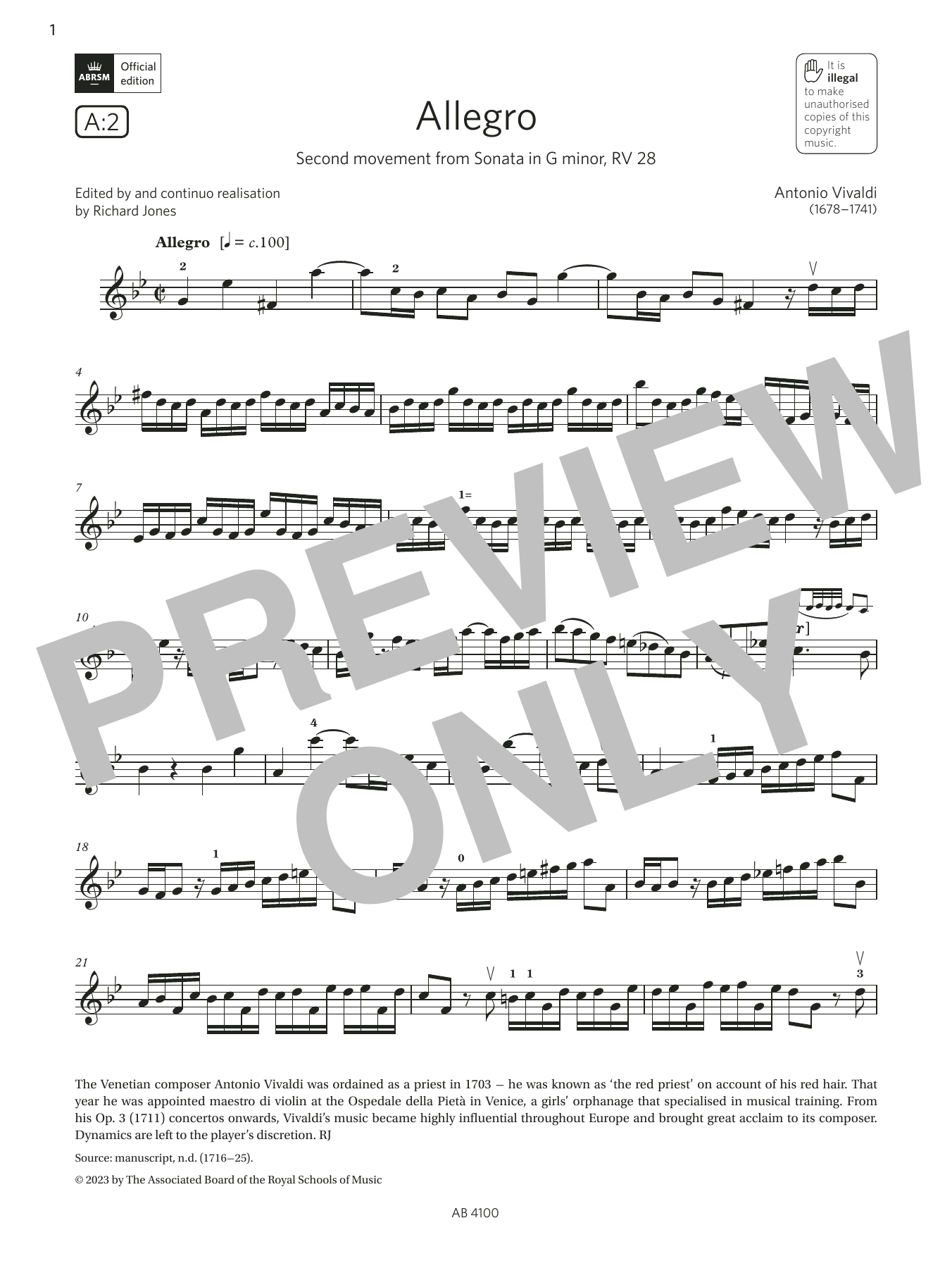 Download Antonio Vivaldi Allegro (Grade 6, A2, from the ABRSM Vi Sheet Music