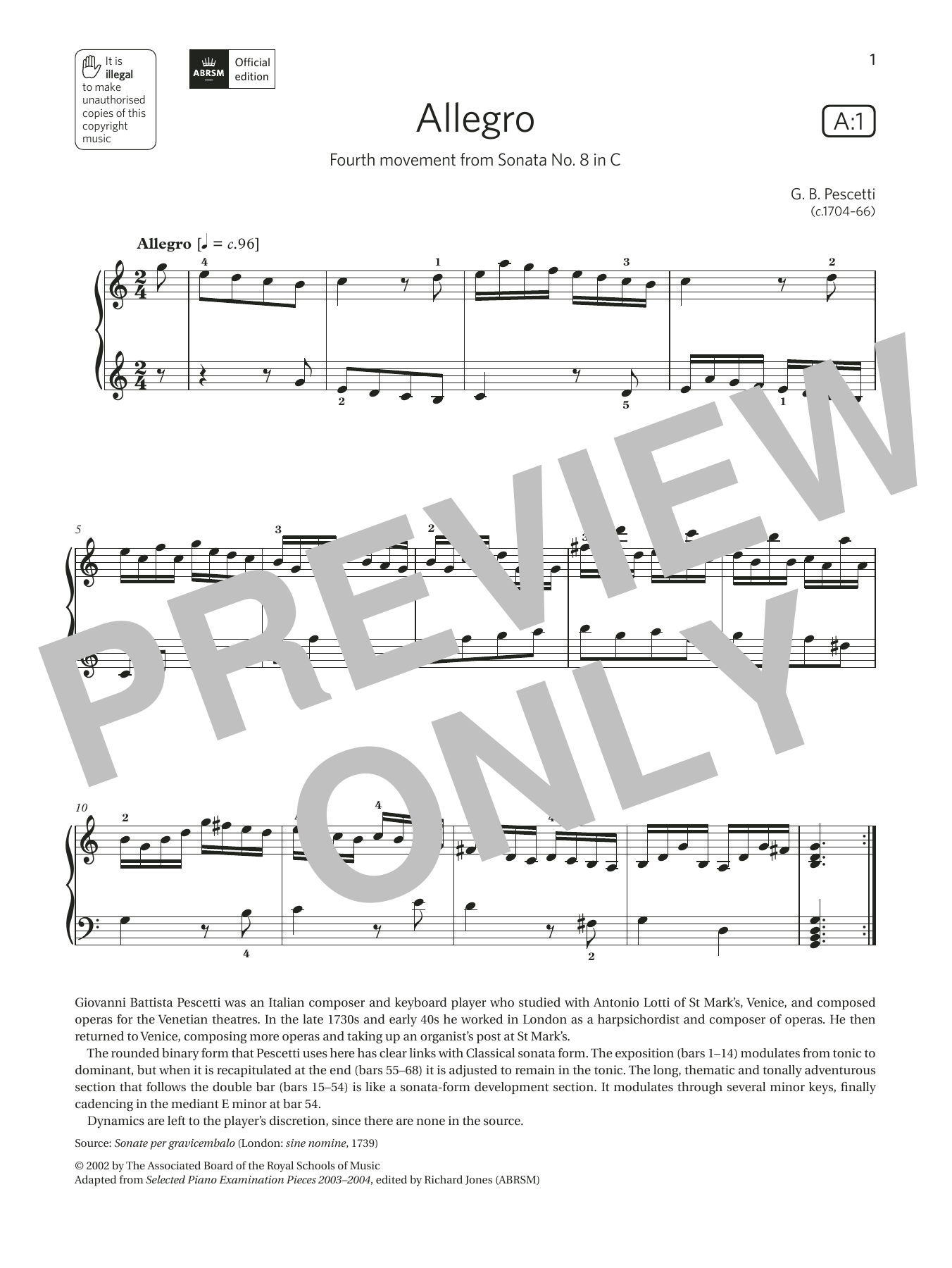 Download G. B. Pescetti Allegro (Grade 6, list A1, from the ABR Sheet Music