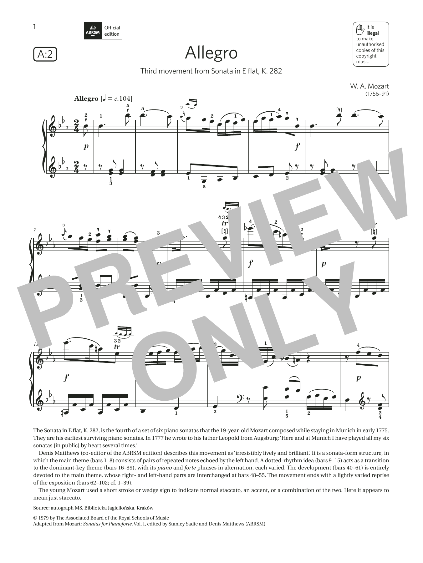 Download W. A. Mozart Allegro (Grade 6, list A2, from the ABR Sheet Music