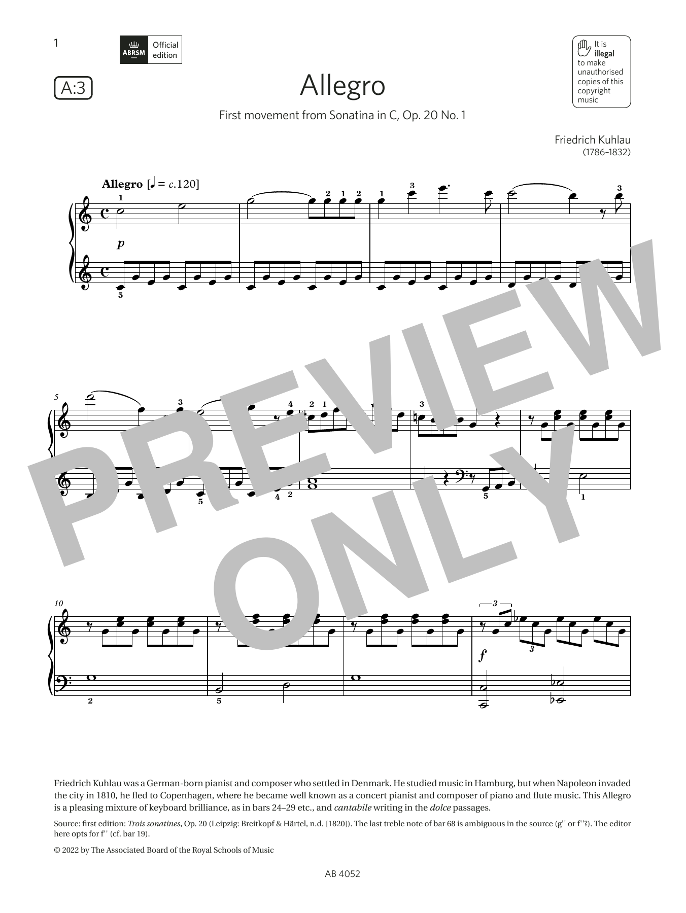 Download Friedrich Kuhlau Allegro (Grade 6, list A3, from the ABR Sheet Music