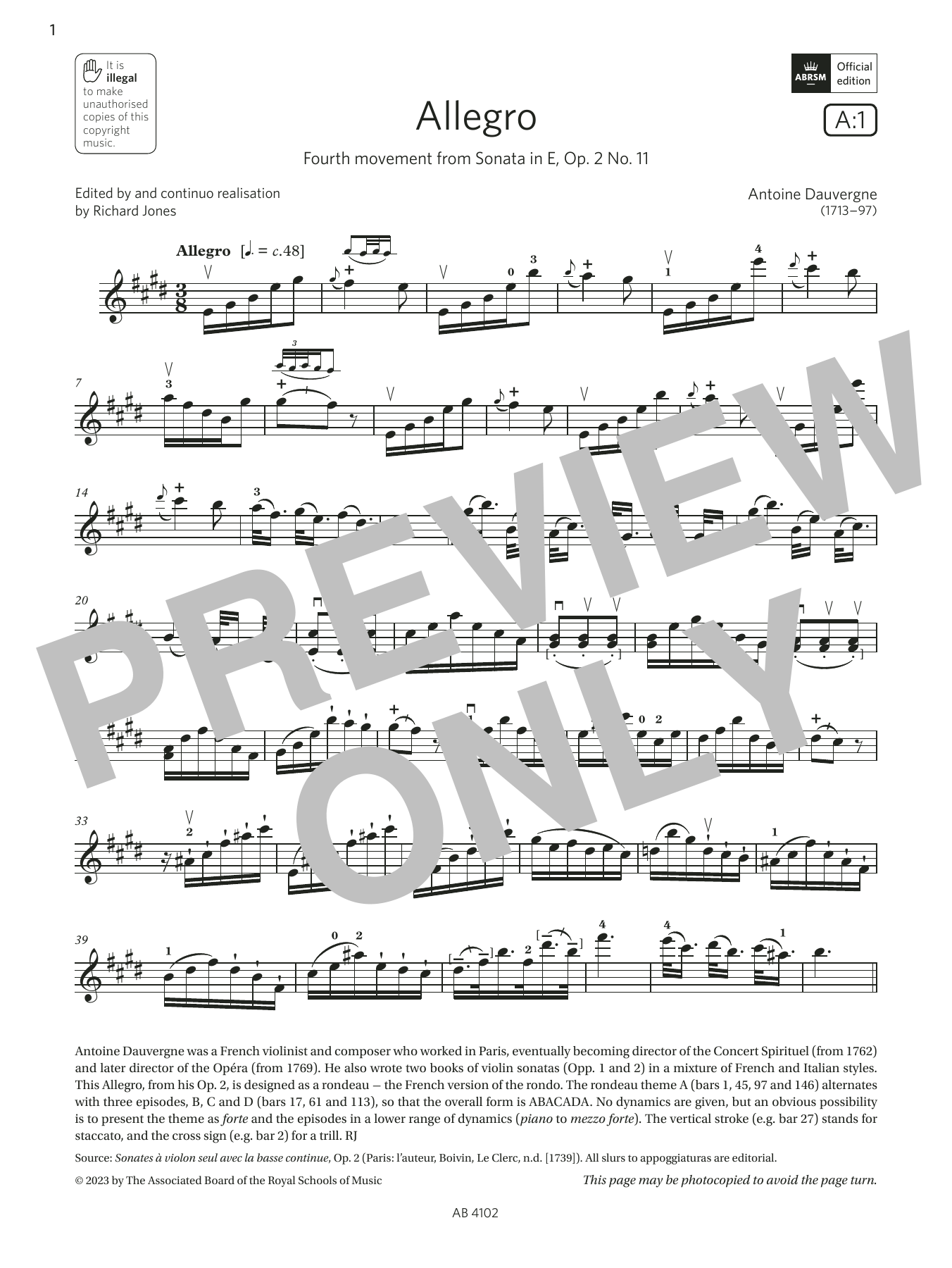 Download Antoine Dauvergne Allegro (Grade 8, A1, from the ABRSM Vi Sheet Music