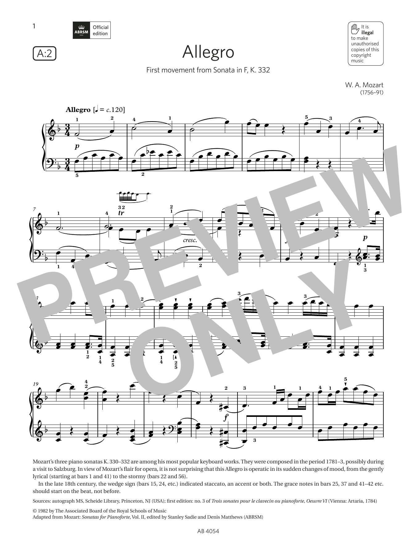 Download W A Mozart Allegro (Grade 8, list A2, from the ABR Sheet Music
