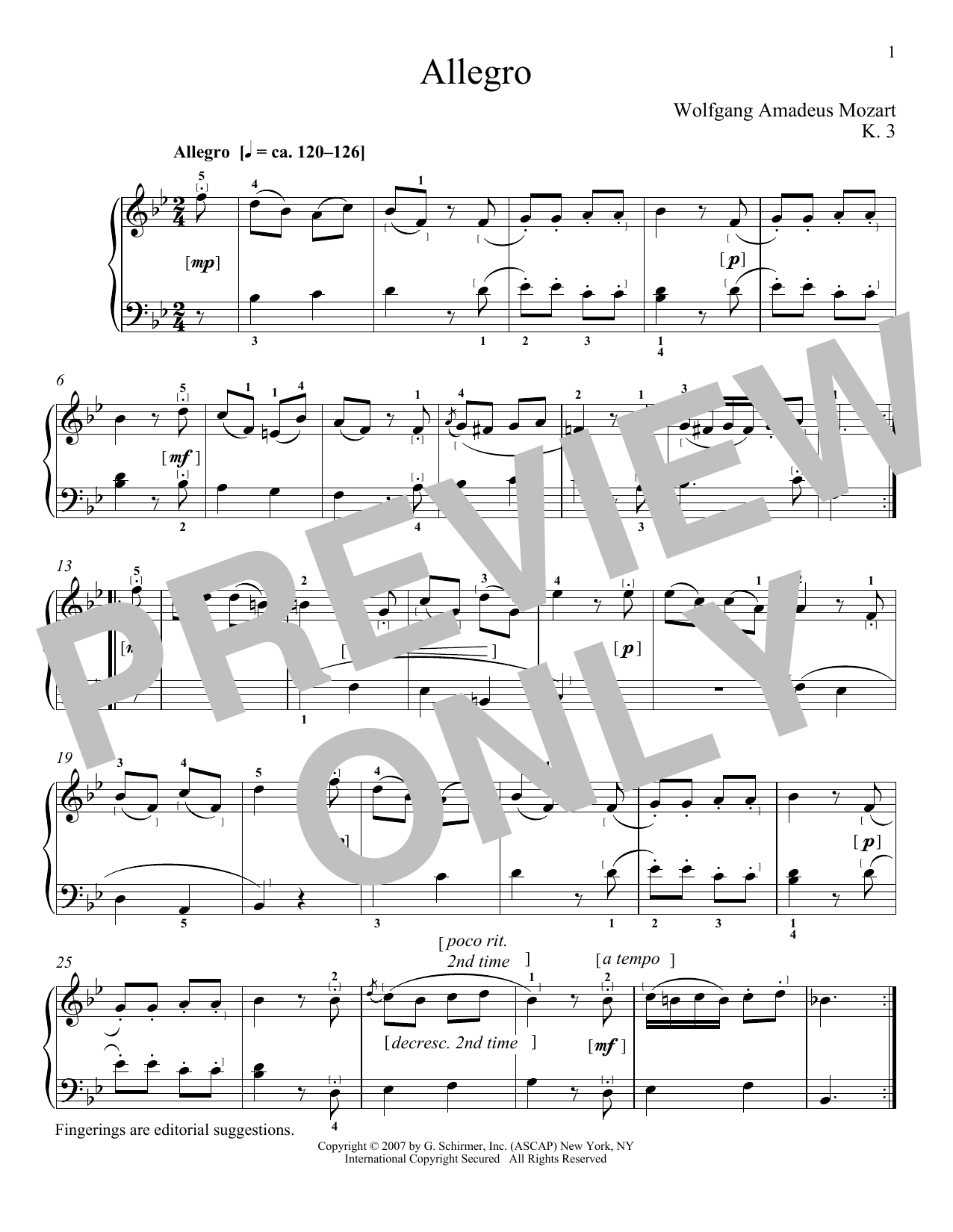 Download Wolfgang Amadeus Mozart Allegro In B Flat Major, K. 3 Sheet Music