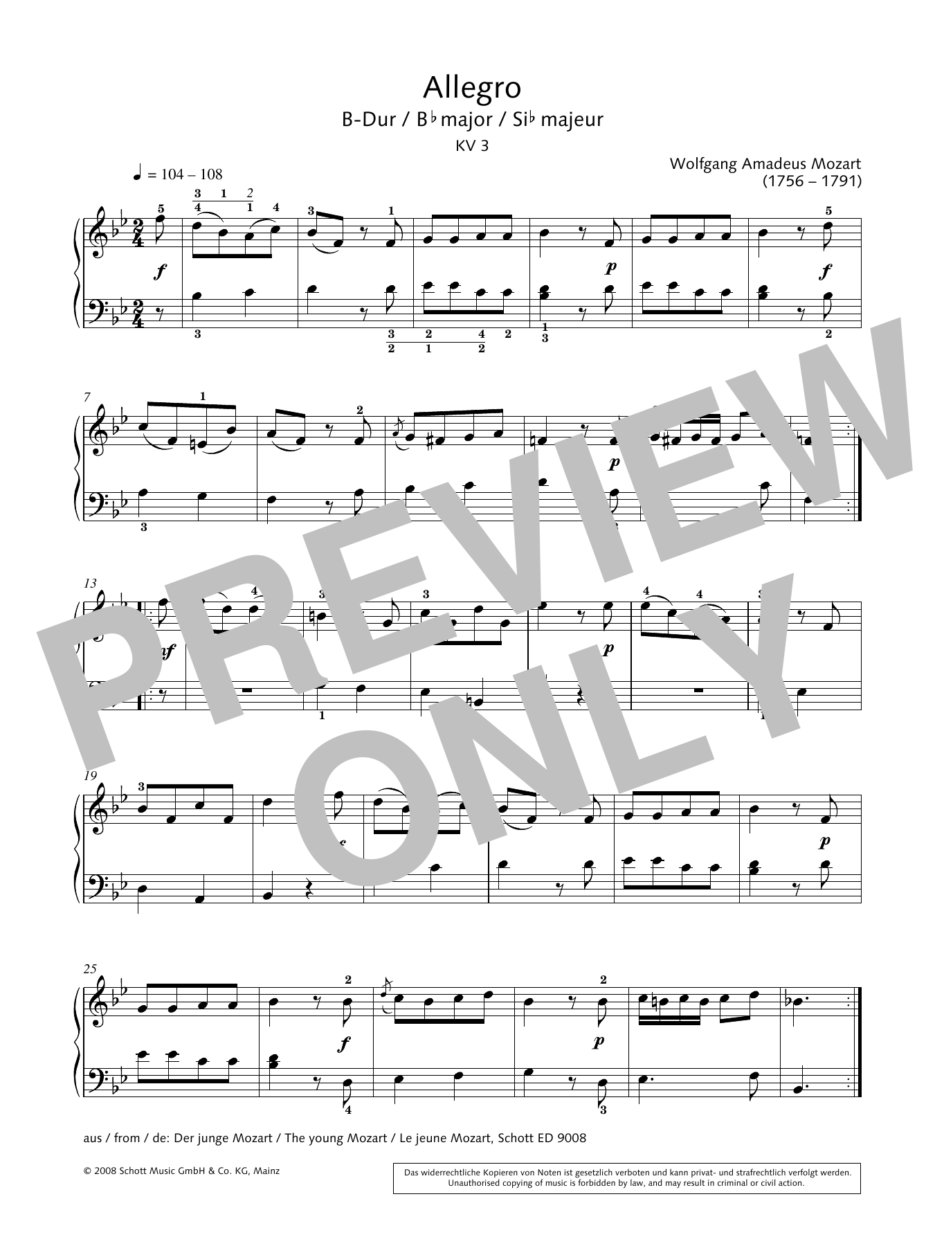 Download Wolfgang Amadeus Mozart Allegro in B-flat major Sheet Music