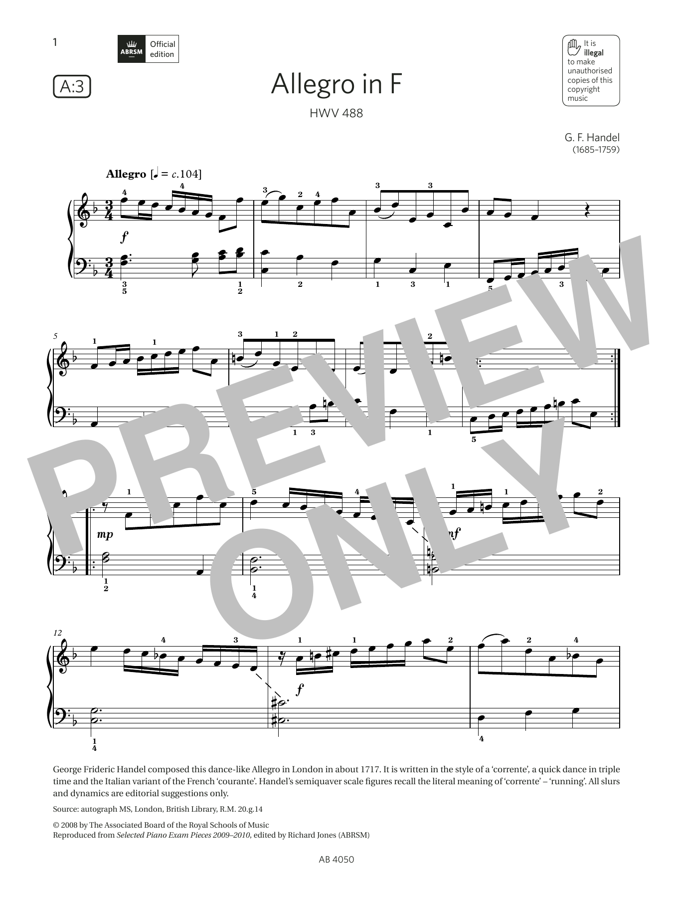 Download G F Handel Allegro in F (Grade 4, list A3, from th Sheet Music